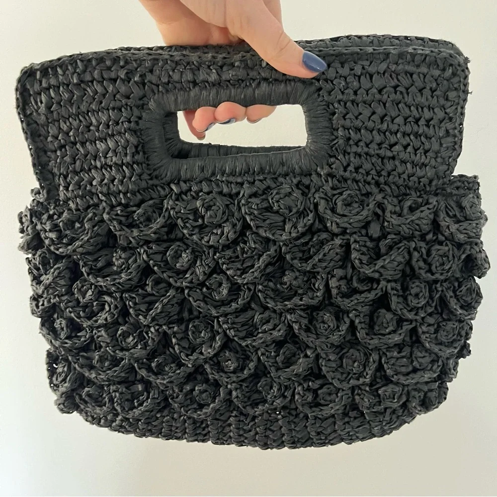 J. Crew Black Crocheted Floral Appliqué Straw Clutch
